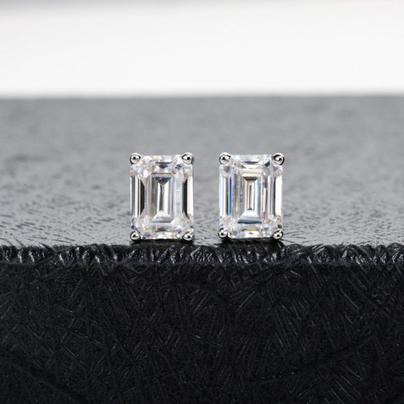 Certified 4ct. t.w. Moissanite Diamond Emerald Cut Stud Earrings NEW - Picture 6 of 14